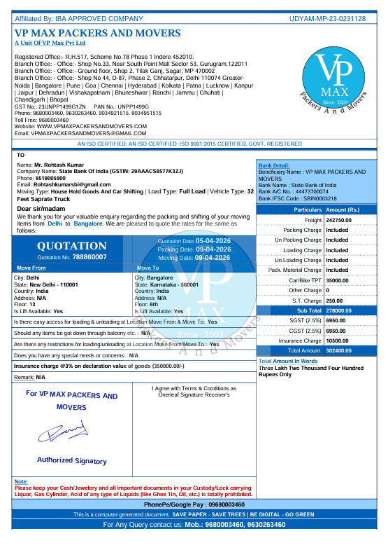 VP max Packers and Movers quatation