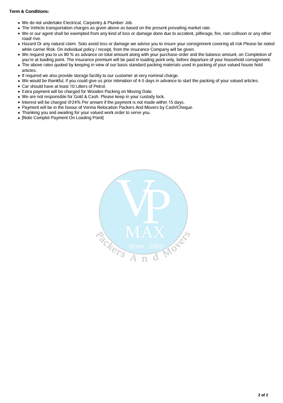 Packers and Movers terms and conditions