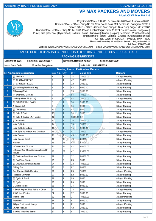 IBA Approved Packers and Movers